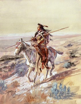  western Oil Painting - Indian with Spear Indians western American Charles Marion Russell
